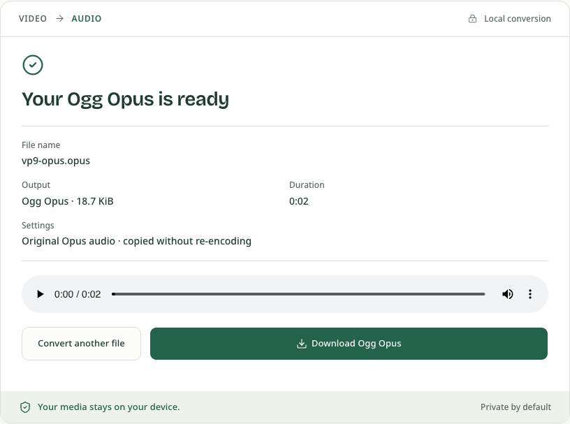A completed Ogg Opus result identifies Original Opus audio and offers its audio download.