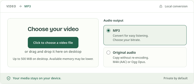 The empty converter offers MP3 and Original audio before a video is selected.