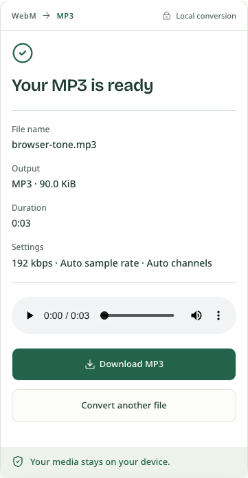 The MP3 result at phone width, with a player and full-width Download MP3 button.