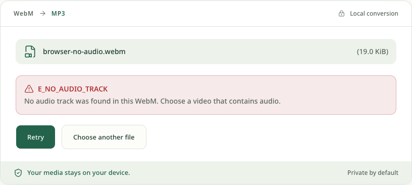 The converter reports E_NO_AUDIO_TRACK after selecting a video-only WebM recording.