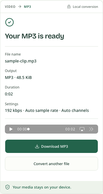 A completed MP3 result with an audio player, Download MP3 and Convert another file controls.