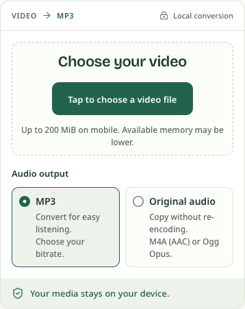 The mobile audio extractor offers MP3 and Original audio before a video is selected.