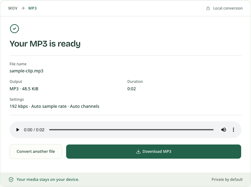 The completed MOV-to-MP3 result shows the output filename, duration, settings, audio player and Download MP3 button.